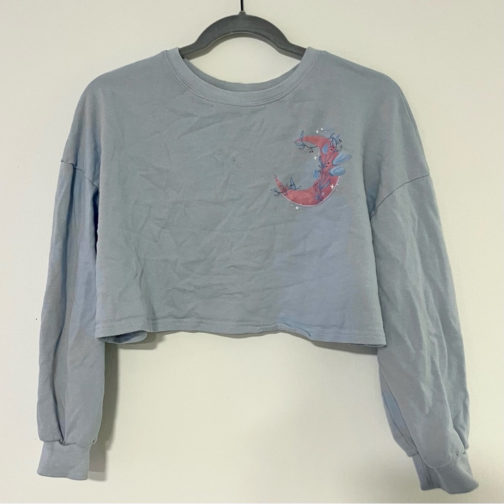 Blue Cropped Sweatshirt with Pink Moon Design